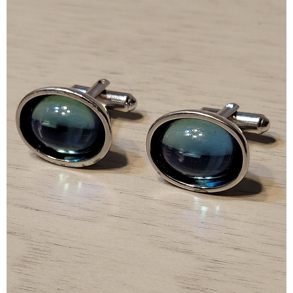 Vintage HICKOK Blue Green Art Glass Cufflinks 1970's Retro‎ Men's Accessories